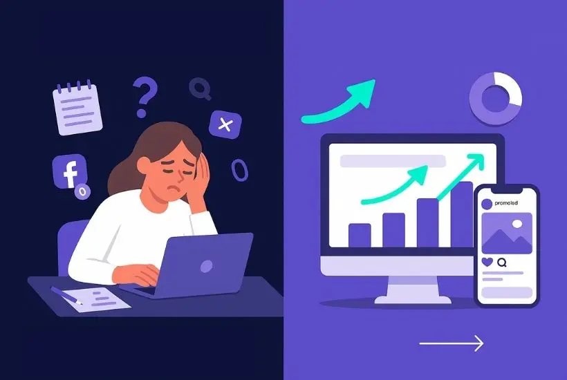 Side-by-side illustration showing a small business owner struggling with marketing before working with Hard Launch Digital, and successful digital growth after. The left side features confusion and social media icons, while the right shows increased results from Facebook Ads, Google Ads, and SEO performance, labeled ‘Before Hard Launch’ and ‘After Hard Launch.