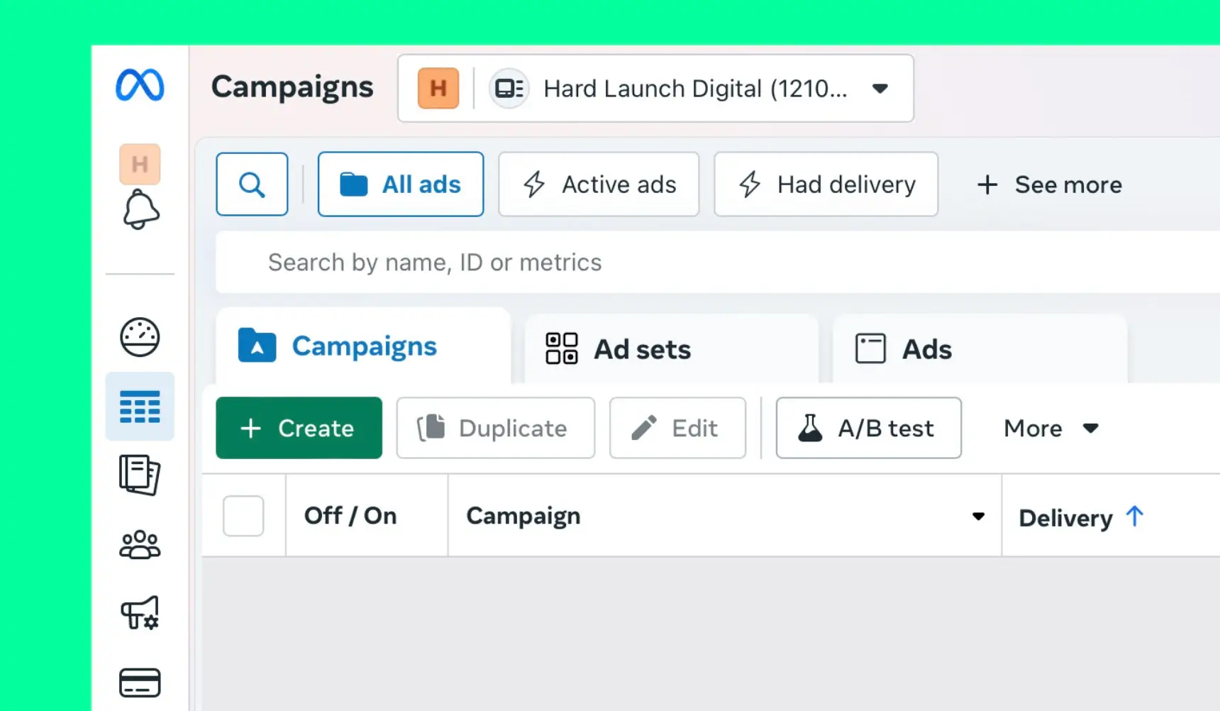 Facebook Ads Manager dashboard with campaign overview, ad set performance data, and account navigation.