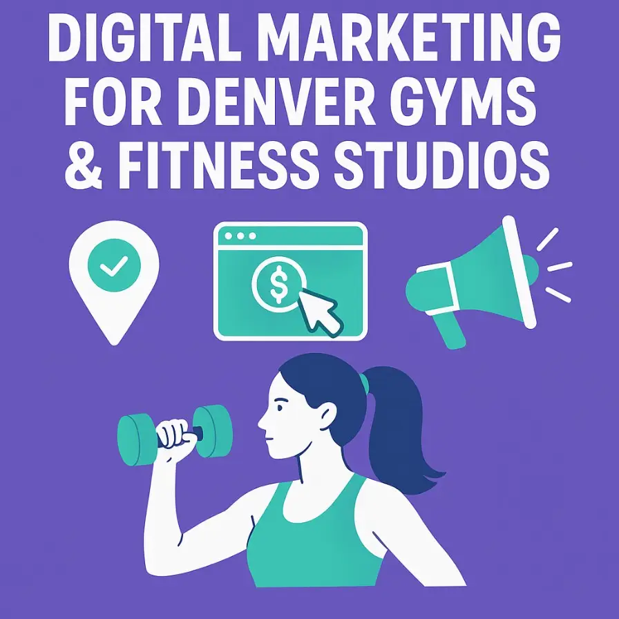 Digital marketing graphic in Hard Launch Digital brand colors showing fitness and gym advertising icons, promoting how Denver gyms and fitness studios can attract more members with online marketing.