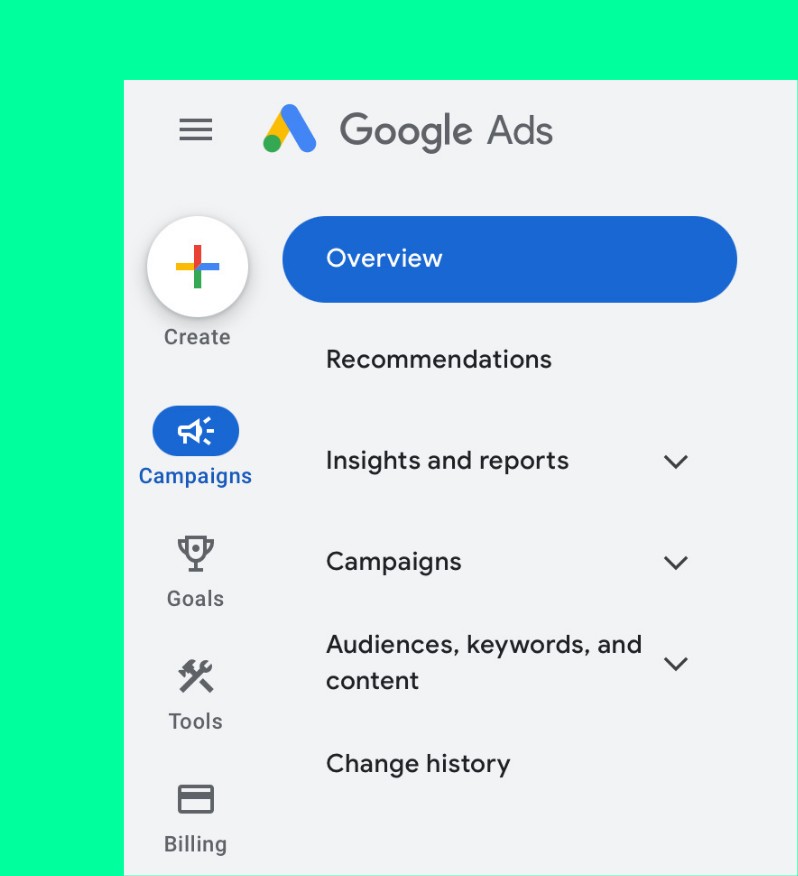 Google Ads dashboard navigation menu displaying Overview, Campaigns, Insights and Reports, Audiences, and Billing.
